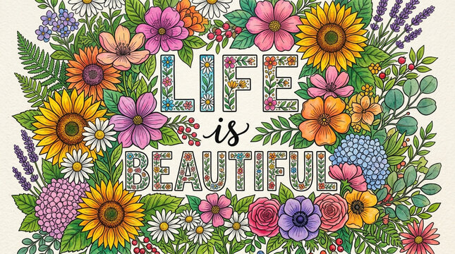 Vibrant Floral Illustration with Life is Beautiful Inspirational Quote and Botanical Border
