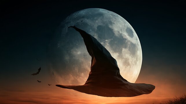Silhouette Dramatic dramatic silhouette of classic witch hat against enormous full moon, moon filling most of frame with detailed crater surface visible, flying bats silhouetted in corner, deep 