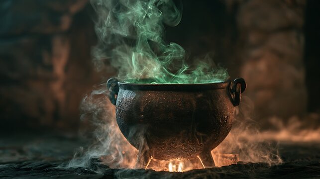 Smoke bubbling cauldron with mysterious green glowing contents, smoke and mist spilling over rim and onto dark stone floor, firelight illuminating cauldron from below, ancient stone wall behind, 