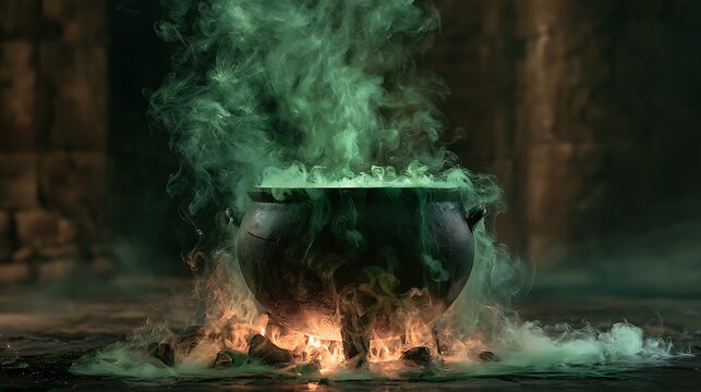 Smoke bubbling cauldron with mysterious green glowing contents, smoke and mist spilling over rim and onto dark stone floor, firelight illuminating cauldron from below, ancient stone wall behind, 