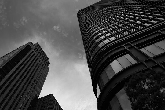 曲線のファサードを持つ超高層ビルと雲の広がる空を見上げるモノクロ建築スナップ
