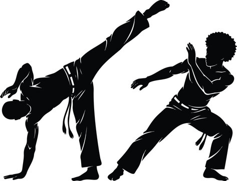 Two capoeira martial artists performing a high kick in a minimalist silhouette