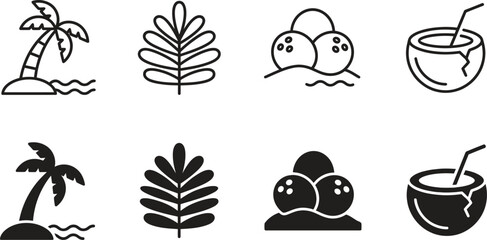Obraz premium Set of summer themed tropical icons featuring palm trees leaves coconuts and refreshing beverages summer time tropical