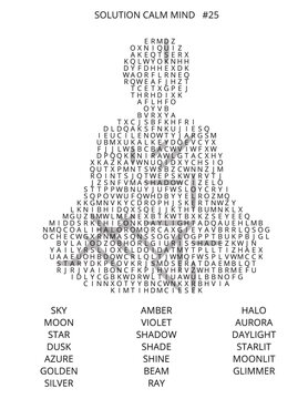 Calm Mind Solution Word Puzzle with Evening Sky, Stars, and Cosmic Light