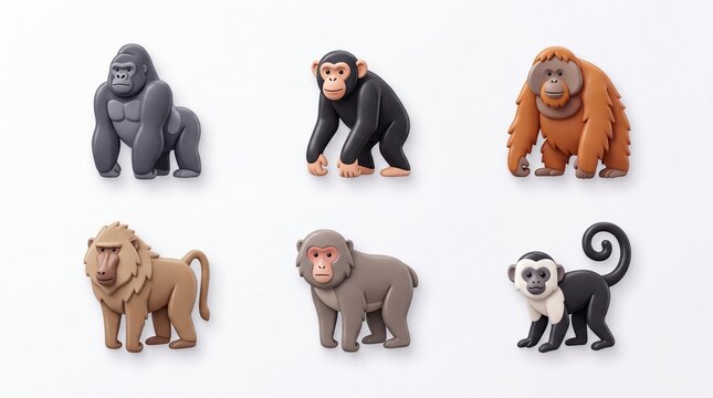 Set of Six Cartoon Animal Figures Including Giraffe Gorilla Lion Monkey and Lemur on White Background
