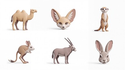 Fototapeta premium Set of Cute Animal Figurines Featuring Camel Fox Lemur Kangaroo and Rabbit in Minimalist Style