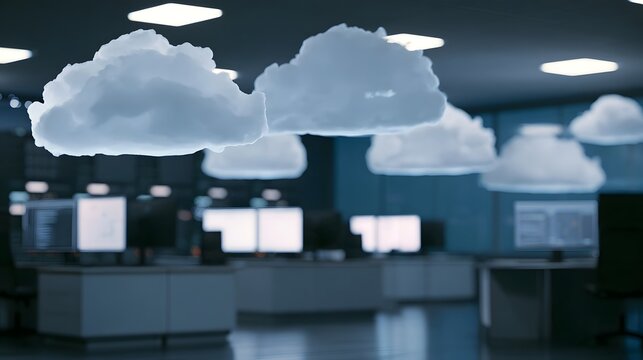 Floating cloud shapes hover above a modern office with computer workstations and ambient lighting