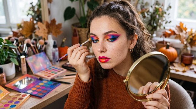Creative Makeup Application: A young woman with a brush applies vibrant eyeshadow, her reflection visible in a hand mirror amidst a colorful collection of makeup products, brushes.