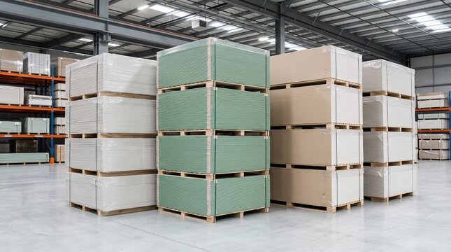 Stacked drywall panels on pallets inside a large industrial warehouse interior