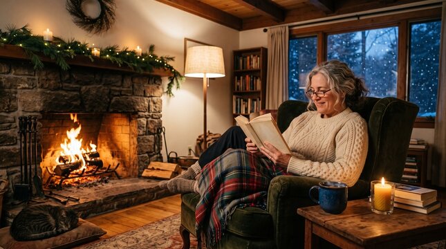 Cozy Winter Evening: A woman enjoys a warm and tranquil winter evening, reading a book by the crackling fireplace and candlelight, with gentle snow falling outside her window.
