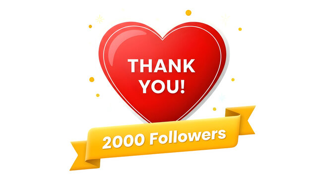 Red heart thank you 2000 followers social media celebration graphic with a clean isolated transparent background for digital content creators