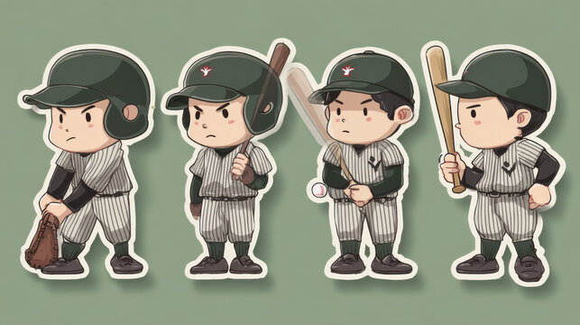 Cute Chibi Baseball Players Set in Uniforms with Bats and Gloves Sticker Design