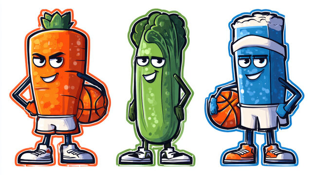 Funny vegetable mascot characters playing basketball with sporty outfits in a vector illustration