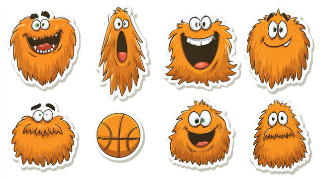 Set of cute orange furry monsters stickers with various emotions and basketball