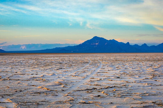 Bonneville Salt Flats desert landscape with distant mountains in Utah