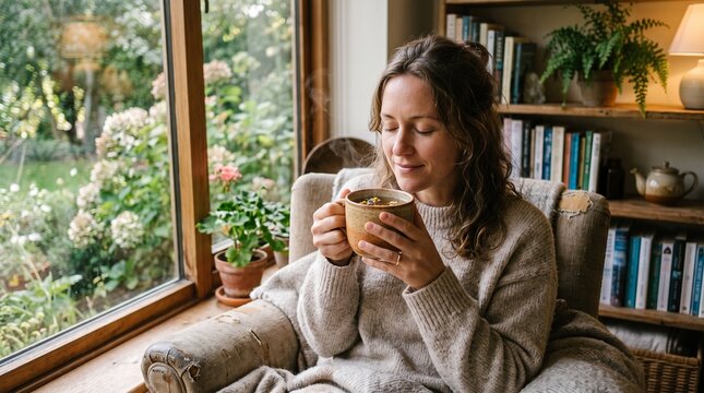 Cozy Retreat with Warm Drink: A woman finds solace and relaxation in a cozy armchair by a window, savoring a warm cup of tea while surrounded by books and the gentle light of a lamp.
