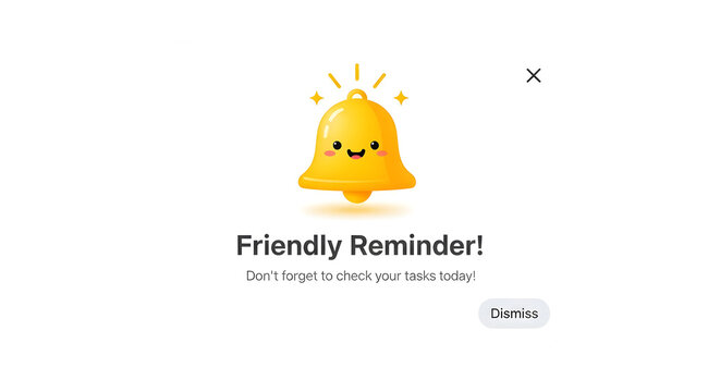 Cute yellow bell notification interface design isolated on a transparent background for digital reminders and task management web elements