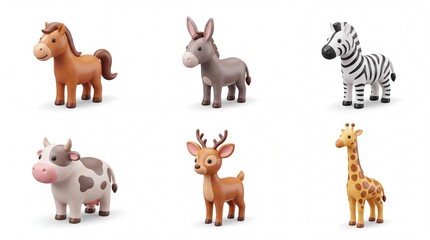 Fototapeta premium Colorful Plastic Animal Toys Set Featuring Horse Donkey Zebra Cow Deer Giraffe for Children Playroom Decor