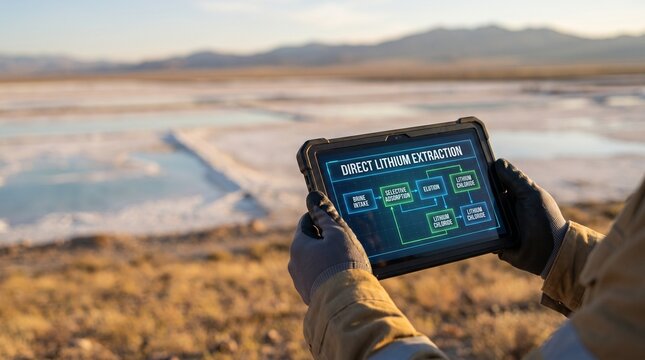 Engineer holding rugged tablet monitoring direct lithium extraction process at brine pond mining site
