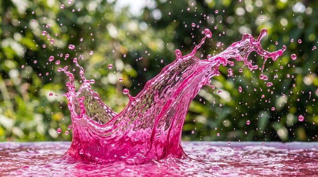Vibrant Splash of Berry Liquid: A dynamic splash of bright pink liquid, possibly berry juice, erupts from a surface, creating an explosive and refreshing water effect.