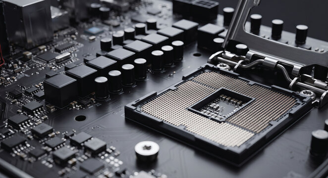 Close up of a modern computer motherboard with an empty CPU processor socket
