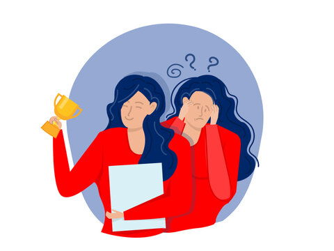 Imposter syndrome.shadow woman standing for her present profile take award with Anxiety and lack of self confidence at work; the person fakes is someone else concept