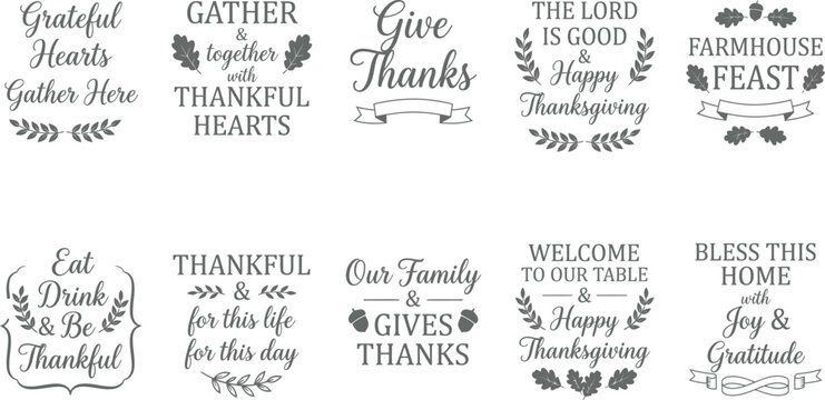 A collection of ten hand lettered thanksgiving quotes and phrases featuring decorative elements perfect for holiday greeting cards and seasonal home decor projects