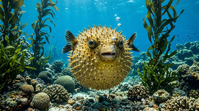 Cute Inflated Pufferfish Swimming in Tropical Coral Reef Underwater