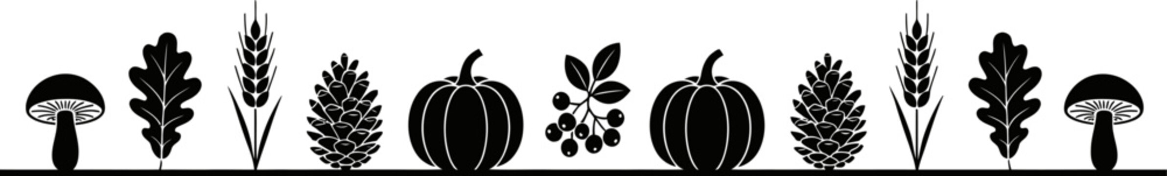 A decorative horizontal border featuring black silhouettes of autumn harvest elements including pumpkins wheat stalks and various fall leaves on white background