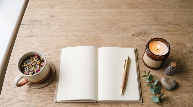 Journaling Moment: A serene moment captured with an open journal, a pen, a steaming mug of herbal tea, and a lit candle, creating an atmosphere of mindfulness and peaceful reflection.