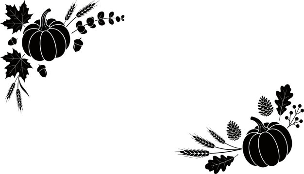 Black and white hand drawn pumpkin and autumn leaf corner borders isolated on a white background for seasonal fall harvest design projects