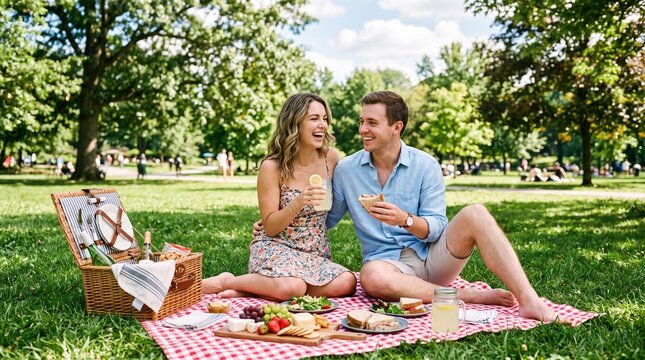 A Joyful Picnic in the Park: A happy couple shares a romantic picnic in a lush green park on a sunny day, enjoying food and each other's company.