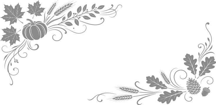 Elegant hand drawn autumn corner frame featuring seasonal maple leaves pumpkins acorns and decorative swirls isolated on a clean white background for design