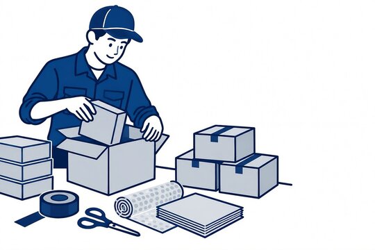 段ボール箱を梱包する配送作業員と梱包資材のイラストレーション｜荷造り、梱包、段ボール、配送、物流、テープ、はさみ、緩衝材、梱包紙