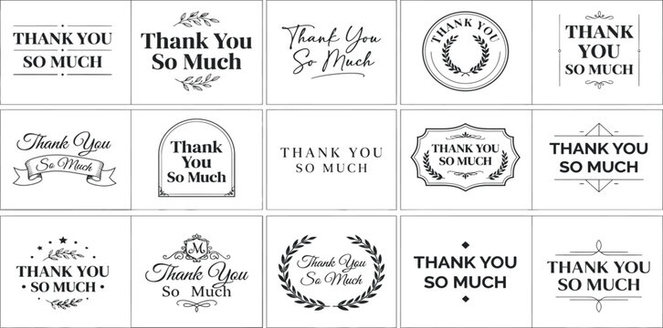 Collection of decorative thank you typography labels and vintage badges with elegant calligraphy for greeting cards invitations and wedding stationery design elements