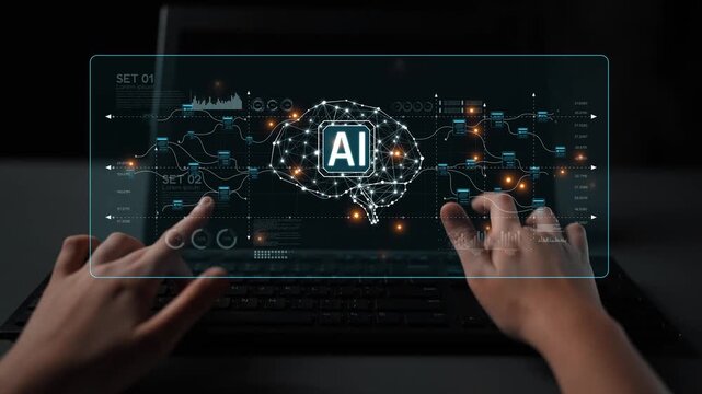 AI neural network and data processing system visualizing artificial intelligence with brain structure, chip, and connected data blocks for computation and learning Marrow