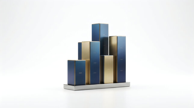Bar chart 3D render with blue and gold pillars on a reflective base