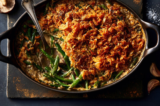 green bean casserole topped with fried shallots