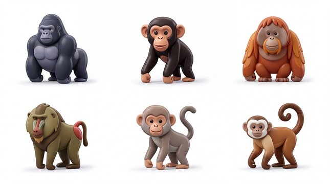 Collection of Six Cartoon Monkey and Gorilla Figures in Various Colors and Styles for Children's Toys or Decorative Displays