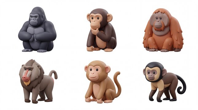 Collection of Cartoon Monkeys and Apes Toys Set on White Background