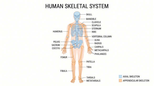 Color coded human skeletal system highlighting axial and appendicular skeleton