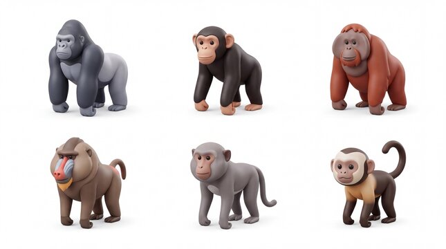 Set of Six Cartoon Monkey Figures in Various Colors and Poses on White Background
