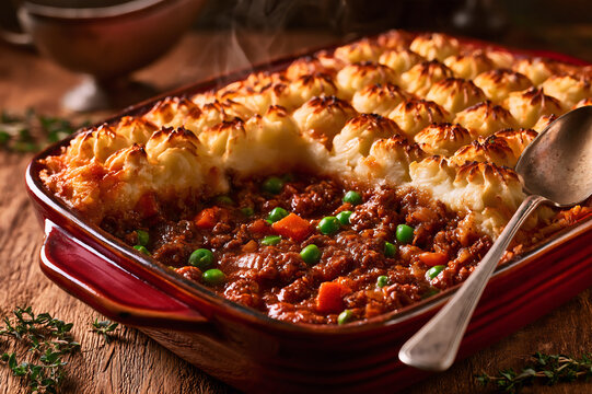 shepherd's pie showing savory meat and piped potato layers