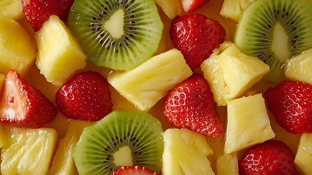 Tropical fruit salad background featuring fresh sliced kiwi strawberries and pineapple chunks arranged in a vibrant colorful nutritious pattern