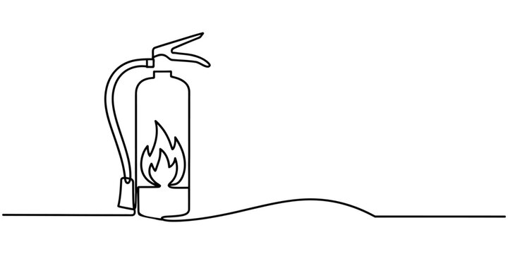 Continuous single line drawing of a fire extinguisher with a flame symbol isolated on a white background Vector, illustration