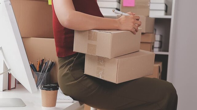 Startup SME small business entrepreneur of freelance Asian woman wearing apron using laptop and box to receive and review orders online to prepare to pack sell to customers, online sme business ideas.