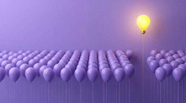 One Glowing Light Bulb Balloon Rising Above a Crowd of Purple Balloons Representing Innovation, Creative Ideas, Leadership, and Standing Out from the Competition in Business Concept