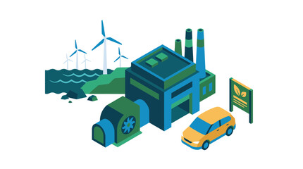 Obraz premium Isometric vector illustration of green energy concept with wind turbines, eco-friendly factory, and electric car