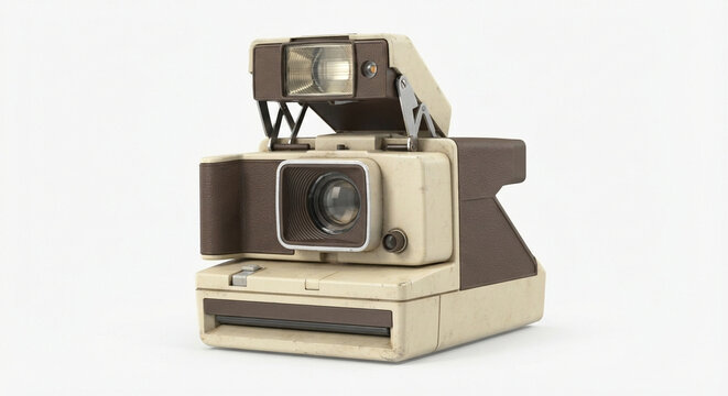Vintage instant camera with brown leather and cream body