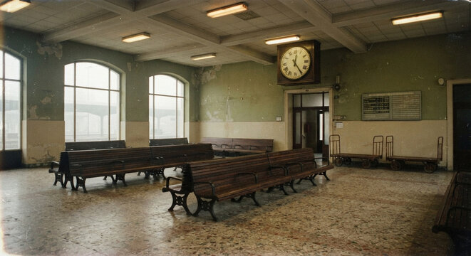 Vintage retro railway station waiting room with wooden benches and clock